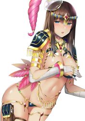 Rule 34 | 1girl, armlet, armor, bad id, bad pixiv id, bandaged arm, bandages, beads, belly chain, bikini armor, black armor, blue eyes, blush, bracelet, breast hold, breastplate, breasts, bridal gauntlets, brown hair, chain, choker, circlet, cleavage, commentary request, cosplay, fate/grand order, fate (series), feathers, forehead jewel, hair between eyes, hand on own chest, hat, hip focus, idolmaster, idolmaster cinderella girls, jewelry, large breasts, long hair, navel, necklace, open mouth, parted lips, pauldrons, pouch, ring, sagisawa fumika, scheherazade (fate), scheherazade (fate) (cosplay), shoulder armor, simple background, solo, thigh strap, thighs, thumb ring, umihotaru harumare, white background