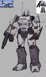 Rule 34 | aircraft, arm cannon, clenched hand, decepticon, full body, grey background, highres, mecha, megatron, no humans, open hand, red eyes, redesign, reference inset, robot, science fiction, solo focus, standing, tiltrotor, transformers, tungsten hale, v-22 osprey, weapon