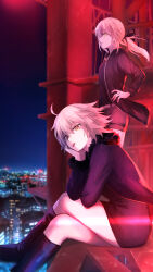 Rule 34 | 2girls, ahoge, artoria pendragon (all), artoria pendragon (fate), black coat, black dress, black footwear, black jacket, black ribbon, black shorts, boots, building, city lights, coat, commentary request, crossed legs, dress, fate/grand order, fate (series), floating hair, fur-trimmed coat, fur trim, hair ribbon, hands on own hips, highres, jacket, jeanne d&#039;arc alter (fate), jeanne d&#039;arc alter (ver. shinjuku 1999) (fate), long hair, looking at viewer, multiple girls, night, night sky, noren69025954, official alternate costume, open clothes, open coat, open jacket, pale skin, ponytail, profile, ribbon, saber alter, saber alter (ver. shinjuku 1999) (fate), short hair, shorts, sitting, sky, thighs, tongue, tongue out, yellow eyes
