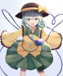 Rule 34 | 1girl, :d, black hat, blouse, blush, buttons, collared shirt, diamond button, eyeball, eyebrows hidden by hair, feet out of frame, floral print, frilled shirt collar, frilled sleeves, frills, green eyes, green skirt, hat, hat ribbon, heart, heart of string, komeiji koishi, leaning forward, light green hair, long sleeves, looking at viewer, medium hair, medium skirt, open mouth, outstretched arm, ribbon, rose print, shirt, simple background, skirt, smile, solo, standing, third eye, touhou, wavy hair, white background, wide sleeves, yellow ribbon, yellow shirt, ys kosato