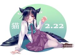 Rule 34 | 001machi, 1girl, absurdres, animal ears, bad id, bad twitter id, black hair, blunt bangs, boots, bow, bowtie, cat ears, circle, claw pose, commentary request, cross-laced footwear, curled fingers, dated, grey pantyhose, hair over one eye, halterneck, hayashimo (kancolle), highres, kantai collection, kemonomimi mode, lace-up boots, long hair, looking at viewer, pantyhose, red eyes, school uniform, shirt, sitting, solo, very long hair, white background, white shirt, yokozuwari