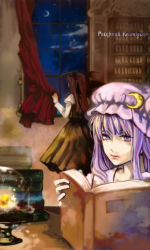 Rule 34 | 2girls, book, bookshelf, character name, crescent, crescent moon, curtains, dress, embodiment of scarlet devil, female focus, hat, head wings, highres, holding, holding book, indoors, koakuma, kodatino, long hair, moon, multiple girls, open book, patchouli knowledge, purple eyes, purple hair, red hair, touhou, window, wings
