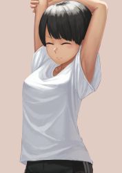 Rule 34 | 1girl, arms up, black hair, black shorts, blush, breasts, closed mouth, commentary request, highres, medium breasts, original, ranma (kamenrideroz), shirt, short hair, short sleeves, shorts, simple background, solo, white shirt