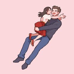 Rule 34 | 1boy, 1girl, animification, arms up, avengers: endgame, avengers (series), blue pants, blush, brown hair, carrying, carrying person, child, chinese commentary, closed eyes, denim, facial hair, father and daughter, fingernails, full body, grey shirt, grey socks, happy, highres, long sleeves, marvel, marvel cinematic universe, morgan stark, no shoes, open mouth, pants, pink background, puffy short sleeves, puffy sleeves, red footwear, red skirt, shirt, shoes, short hair, short sleeves, simple background, skirt, smile, socks, tony stark, white shirt, wodeyongheng