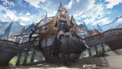 Rule 34 | 1girl, architecture, arknights, bare shoulders, black cape, black footwear, black shorts, blonde hair, blue eyes, boots, breasts, bridge, building, cape, chinese commentary, cloud, cloudy sky, commentary request, copyright name, dragon horns, floating hair, from behind, full body, grey thighhighs, highres, horns, kieed, long hair, looking at viewer, medium breasts, official alternate costume, outdoors, parted lips, pointy ears, saileach (arknights), sheath, sheathed, shirt, shorts, sky, smile, solo, standing, thighhighs, very long hair, watermark, white shirt