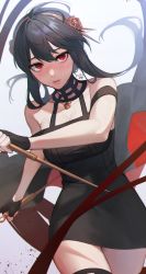 Rule 34 | 1girl, banned artist, bare shoulders, black dress, black gloves, black hair, black thighhighs, blush, breasts, choker, cleavage, cowboy shot, dagger, dress, fingerless gloves, flower, gloves, hair flower, hair ornament, hairband, half-closed eyes, highres, holding, holding weapon, knife, large breasts, red eyes, sleeveless, sleeveless dress, solo, spy x family, thighhighs, weapon, yor briar, yurang