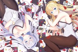 Rule 34 | 2girls, animal ears, bad id, bad twitter id, bare arms, bare shoulders, blonde hair, blue eyes, blurry, bow, bowtie, braid, breasts, brown legwear, card, checkered floor, cleavage, coin, collarbone, detached collar, fake animal ears, flower knight girl, frills, gloves, hair ornament, hair spread out, hairband, hairclip, highres, impossible clothes, impossible leotard, kinutasou (flower knight girl), large breasts, leotard, long hair, looking at viewer, megi (flower knight girl), multiple girls, naruse mamoru, pantyhose, parted lips, petals, playboy bunny, playing card, rabbit ears, sidelocks, silver hair, white gloves, white leotard, wrist cuffs