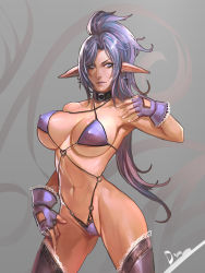 Rule 34 | 1girl, bad id, bad pixiv id, bikini, breasts, collar, covered erect nipples, earrings, elf, fingerless gloves, gloves, highres, jewelry, large breasts, long hair, original, parted lips, pointy ears, ponytail, purple bikini, purple eyes, purple gloves, purple hair, purple thighhighs, simple background, smjim1986, solo, swimsuit, thighhighs, toned
