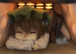 Rule 34 | 1girl, animal ears, bad id, bad pixiv id, brown hair, cat ears, cat girl, cat tail, chen, earrings, closed eyes, female focus, happy, hat, hayake, hayake (chenran), highres, jewelry, kotatsu, lying, multiple tails, on stomach, resized, short hair, sketch, smile, solo, table, tail, touhou, under kotatsu, under table, upscaled