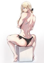 Rule 34 | 1girl, ass, ayakumo, barefoot, bikini, bikini bottom only, black bikini, blonde hair, blue eyes, from behind, gradient background, grey background, kantai collection, looking at viewer, looking back, mole, mole under eye, richelieu (kancolle), soles, solo, swimsuit, topless