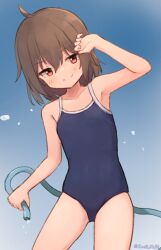 Rule 34 | 1girl, ahoge, artist name, blue background, breasts, brown hair, centi mnkt, covered navel, cowboy shot, dripping, gradient background, highres, holding, holding hose, hose, light blue background, looking at viewer, new school swimsuit, one-piece swimsuit, original, red eyes, school swimsuit, short hair, simple background, small breasts, smile, solo, standing, swimsuit, twitter username, water drop