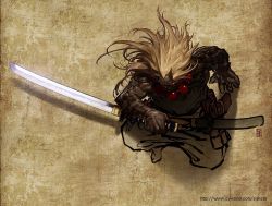Rule 34 | 00s, 4th apostle conqueror kasijas, blonde hair, dnf, dungeon and fighter, horns, katana, long hair, monster, no humans, oni, sheath, sword, weapon