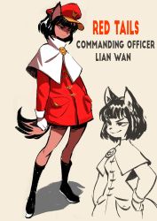 Rule 34 | 1girl, absurdres, animal ears, black footwear, black hair, boots, capelet, character name, colo (nagrolaz), dog ears, dog tail, english text, female focus, furry, furry female, gloves, hands on own hips, highres, jacket, military, military uniform, original, red headwear, red jacket, shadow, smile, solo, standing, tail, uniform