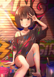 Rule 34 | 1girl, :q, arm up, bad id, bad pixiv id, barefoot, black hair, black shirt, blush, bodypaint, collarbone, commentary request, grey eyes, hand on ground, highres, looking at viewer, multicolored hair, original, paint, paint can, shirt, short hair, short sleeves, sitting, smile, solo, streaked hair, tanbonota46, toes, tongue, tongue out, v