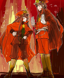 Rule 34 | 1boy, 1girl, artist name, blush, boots, brother and sister, brown hair, cape, fate/grand order, fate (series), fire, frown, hands on own hips, hat, height difference, koha-ace, long hair, looking at another, oda nobukatsu (fate), oda nobunaga (fate), oda nobunaga (koha-ace), oda uri, open mouth, red cape, red eyes, siblings, sketch, sweat, tearing up, uhana