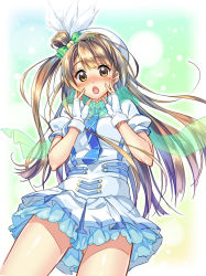 Rule 34 | 10s, 1girl, :o, blush, bow, brown eyes, brown hair, fingerless gloves, gloves, green bow, hair bow, hair ornament, hairclip, hands on own cheeks, hands on own face, hat, long hair, love live!, love live! school idol project, minami kotori, necktie, open mouth, piromizu, solo, white gloves, wonderful rush