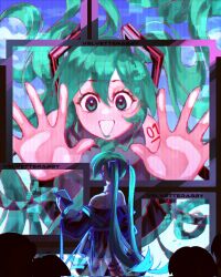 Rule 34 | 2girls, 39, aqua eyes, aqua hair, aqua necktie, asymmetrical legwear, black skirt, black sleeves, commentary, detached sleeves, dual persona, english commentary, feet out of frame, floating hair, grey shirt, hatsune miku, heart, highres, holding, holding phone, long hair, multiple girls, necktie, no nose, open mouth, phone, pleated skirt, redrawn, screen, see-through, see-through skirt, shirt, signature, skirt, sleeveless, sleeveless shirt, twintails, velvetterabby, vocaloid