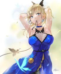 Rule 34 | 1girl, another eden, armpits, arms behind head, arms up, artist name, bare shoulders, blonde hair, blue choker, blue dress, blue eyes, breasts, bug, butterfly, choker, cleavage, closed mouth, collarbone, dress, earrings, highres, insect, isuka (another eden), jewelry, killy doodle, large breasts, long hair, mouth hold, see-through, smile, solo, sweat