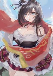 Rule 34 | 1girl, :d, animal ears, bell sleeves, belt, black hair, blue bow, blue eyes, blush, bow, breasts, choker, cleavage, corset, cowboy shot, detached sleeves, dirndl, dress, ear ornament, eishin flash (umamusume), frilled dress, frilled skirt, frills, german clothes, hair bow, happy, highres, holding, holding clothes, holding scarf, horse ears, horse girl, horse tail, kt (pixiv17776115), large breasts, looking at viewer, medium hair, miniskirt, open mouth, outdoors, red neckwear, red scarf, red skirt, scarf, skirt, sky, smile, solo, strap, striped, striped bow, sweat, swept bangs, tail, umamusume, wide sleeves