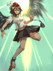 Rule 34 | 1girl, bird wings, black skirt, blue background, blue sky, brown hair, camera, closed mouth, day, flying, full body, geta, hat, holding, inishie kumo, looking at viewer, navel, outdoors, pleated skirt, puffy short sleeves, puffy sleeves, red eyes, shameimaru aya, shirt, short sleeves, skirt, sky, smile, solo, spread wings, sun, tengu-geta, tokin hat, touhou, white legwear, white shirt, wings, wristband