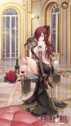 Rule 34 | 1girl, alcohol, back, backless dress, backless outfit, bare back, barefoot, bottle, breasts, crossed legs, cup, dress, drinking glass, erza scarlet, fairy tail, hair over one eye, highres, large breasts, liquor, long hair, red hair, shoulder tattoo, sideboob, smile, tagme, tattoo, wine, wine bottle, wine glass