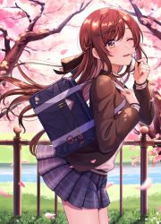 Rule 34 | 1girl, ;d, bag, bag charm, black ribbon, blazer, blush, braid, brown eyes, brown hair, brown jacket, charm (object), cherry blossoms, cowboy shot, day, fence, flower, from side, hair ribbon, holding, holding flower, idolmaster, idolmaster shiny colors, jacket, kurageso, leaning forward, long hair, long sleeves, looking at viewer, looking to the side, miniskirt, one eye closed, osaki amana, open clothes, open jacket, open mouth, outdoors, petals, pink flower, plaid, plaid skirt, pleated skirt, purple skirt, ribbon, river, school bag, school uniform, skirt, smile, solo, spring (season), tree