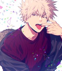 Rule 34 | 1boy, bakugou katsuki, black jacket, blonde hair, blurry, boku no hero academia, cardigan, commentary request, depth of field, finger in own mouth, fur-trimmed jacket, fur trim, jacket, looking to the side, male focus, mashima shima, open clothes, open jacket, open mouth, purple cardigan, red eyes, short hair, solo, spiked hair, teeth, tongue, tongue out, triangle, twitter username, upper body, upper teeth only, v-shaped eyebrows, white background