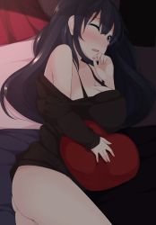 Rule 34 | 10s, 1girl, agano (kancolle), aqua eyes, ass, black hair, blush, bottomless, breasts, chimunge, cleavage, female focus, heart, heart print, kantai collection, large breasts, long hair, long sleeves, looking at viewer, lying, naked shirt, off shoulder, on side, one eye closed, open mouth, shirt, solo, thighs, very long hair