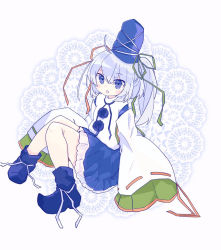 Rule 34 | 1girl, blue eyes, blue footwear, blue hat, blue skirt, boots, commentary request, fang, full body, green ribbon, grey hair, hair between eyes, hat, japanese clothes, kariginu, knees together feet apart, knees up, long hair, long sleeves, looking at viewer, mononobe no futo, on floor, open mouth, pom pom (clothes), ponytail, red ribbon, ribbon, sitting, skin fang, skirt, sleeves past fingers, sleeves past wrists, solo, tate eboshi, tatutaniyuuto, touhou, white ribbon, wide sleeves