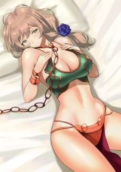 Rule 34 | 1girl, ahoge, alternate costume, anagumasan, bangle, bikini, bikini top only, blush, bracelet, breasts, chain, chain leash, cleavage, closed mouth, commentary, commission, cosplay, cowboy shot, cuffs, english commentary, genshin impact, green bikini, green eyes, hands on own chest, highres, jewelry, large breasts, leash, light brown hair, lisa (genshin impact), lying, medium hair, navel, on back, pelvic curtain, princess leia organa solo, princess leia organa solo (cosplay), shackles, solo, star wars, star wars: return of the jedi, stomach, swimsuit, thighs