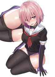 Rule 34 | 1girl, alternate costume, ass, black pantyhose, black serafuku, blush, breasts, clothes pull, elbow gloves, fate/grand order, fate (series), gloves, hair over one eye, kanikou, leotard, leotard under clothes, light purple hair, looking at viewer, mash kyrielight, medium breasts, open mouth, pantyhose, pantyhose pull, purple eyes, school uniform, serafuku, short hair, sitting, white background
