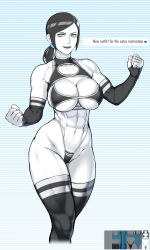 Rule 34 | 1girl, abs, absurdres, alternate costume, bikini, black bikini, black gloves, breasts, cleavage, clenched hands, colored skin, commentary, elbow gloves, english commentary, english text, fingerless gloves, gloves, grey eyes, halterneck, highleg, highleg bikini, highres, large breasts, medium hair, muscular, muscular female, nintendo, nisetanaka, paid reward available, short ponytail, solo, speech bubble, super smash bros., swimsuit, thick thighs, thighs, underwear writing, white skin, wii fit, wii fit trainer, wii fit trainer (female)