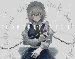 Rule 34 | 1girl, absurdres, ascot, bad id, bad pixiv id, black ascot, blue dress, breasts, brooch, chain, colored eyelashes, commentary, cowboy shot, dress, eit (ikeuchi), english text, grey background, hair between eyes, highres, holding, holding pocket watch, izayoi sakuya, jewelry, juliet sleeves, long sleeves, looking at viewer, maid, maid headdress, medium breasts, parted lips, pocket watch, puffy sleeves, sash, shirt, short hair, silver hair, simple background, solo, standing, touhou, watch, white sash, white shirt, yellow eyes