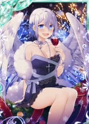 Rule 34 | 1girl, :d, angel, angel wings, black dress, blue eyes, breasts, collaboration, cross, cross necklace, cup, dress, drinking glass, falkyrie no monshou, flower, glass, hair flower, hair ornament, jewelry, lawn, looking at viewer, medium breasts, musse (falkyrie no monshou), natsumekinoko, necklace, night, night sky, official art, open mouth, purple ribbon, red ribbon, ribbon, shinkai no valkyrie, short hair, sitting, sky, smile, snowflakes, white hair, wine glass, wings