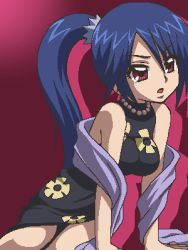 Rule 34 | 00s, awa, blue hair, hair between eyes, jaggy lines, jewelry, kirarin revolution, long hair, lowres, necklace, oekaki, ponytail, purple background, red eyes, solo, toudou fubuki, very long hair