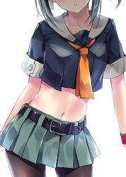 Rule 34 | 1girl, belt, black shirt, bow, commentary request, cowboy shot, facing viewer, green hair, green skirt, grey sailor collar, hair bow, head out of frame, kantai collection, kobayashi chisato, midriff, orange neckwear, pantyhose, parted lips, pleated skirt, ponytail, sailor collar, school uniform, serafuku, shirt, simple background, skirt, solo, white background, yuubari (kancolle), yuubari kai ni (kancolle)