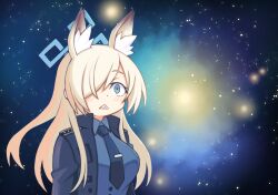 Rule 34 | 1girl, animal ear fluff, animal ears, black jacket, black necktie, blonde hair, blue archive, blue eyes, blue shirt, blush, collared shirt, commentary request, dog ears, dog girl, extra ears, hair over one eye, halo, hibun tsukasa, jacket, kanna (blue archive), long hair, long sleeves, looking at viewer, meme, necktie, open clothes, open jacket, parted bangs, police, police uniform, policewoman, sharp teeth, shirt, sidelocks, sky, solo, space, space cat (meme), star (sky), starry sky, teeth, tie clip, triangle mouth, uniform