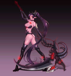 Rule 34 | 1girl, absurdly long hair, absurdres, akchu, artist name, ass, bare shoulders, black choker, black footwear, black gloves, black neckwear, black thighhighs, boots, breasts, choker, cleavage, clenched teeth, collarbone, colored skin, demon girl, demon horns, demon tail, dungeon and fighter, earrings, elbow gloves, eyelashes, fang, female priest (dungeon and fighter), fingernails, from behind, full body, garter straps, gloves, glowing, glowing eyes, gradient background, hair ornament, hand up, high heel boots, high heels, highres, holding, holding polearm, holding scythe, holding spear, holding weapon, horns, jewelry, large breasts, legs apart, lips, long fingernails, long hair, looking at viewer, looking back, male priest (dungeon and fighter), mistress (dungeon and fighter), parted bangs, parted lips, piercing, pointy ears, polearm, ponytail, purple hair, purple lips, purple skin, red eyes, redeemer (dungeon and fighter), revealing clothes, scythe, shiny skin, skindentation, smile, solo, spear, standing, tail, teeth, thigh boots, thighhighs, thighhighs under boots, thong, toned, twisted torso, very long hair, weapon