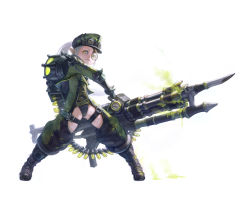 Rule 34 | 1girl, absurdres, agoto, armor, black leotard, boots, closed mouth, dripping, glowing, green hat, gun, hat, highres, holding, holding gun, holding weapon, leotard, long hair, original, pauldrons, pointy ears, poison, ponytail, shoulder armor, simple background, single pauldron, solo, spikes, standing, steam, vambraces, vial, weapon, white background, white hair, yellow eyes