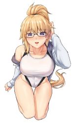 Rule 34 | 1girl, bare shoulders, blonde hair, blue eyes, breasts, collarbone, competition swimsuit, fate/grand order, fate (series), high ponytail, highleg, highleg swimsuit, jacket, jeanne d&#039;arc (fate), jeanne d&#039;arc (ruler) (fate), jeanne d&#039;arc (swimsuit archer) (fate), jeanne d&#039;arc (swimsuit archer) (second ascension) (fate), large breasts, long hair, looking at viewer, one-piece swimsuit, open mouth, sarhce, smile, solo, swimsuit, thighs, very long hair, white jacket