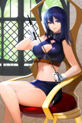 Rule 34 | 1girl, blue eyes, blue hair, breasts, chair, cleavage, cleavage cutout, clothing cutout, female focus, gloves, highres, holding, large breasts, legs, crossed legs, long hair, long legs, looking at viewer, matching hair/eyes, midriff, miniskirt, navel, sitting, skirt, smile, snowball22, solo, sword girls, thighs, whip