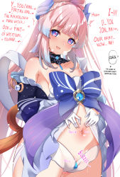 Rule 34 | 1girl, :d, aono (f i s), bare shoulders, blue eyes, blue hair, blunt bangs, blush, bow, bowtie, breasts, cowboy shot, english text, frilled sleeves, frills, genshin impact, gloves, hair ornament, hard-translated, heart, heart-shaped pupils, highres, looking at viewer, midriff, multicolored hair, navel, off shoulder, open mouth, pink hair, pussy juice, sangonomiya kokomi, short shorts, shorts, simple background, smile, solo, spread navel, stomach, symbol-shaped pupils, thighhighs, third-party edit, translated, two-tone hair, vision (genshin impact), water drop, white background, white gloves, wide sleeves