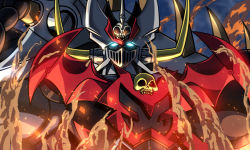 Rule 34 | blue eyes, embers, glowing, glowing eyes, highres, jazz jack, mazinger (series), mazinkaiser, mazinkaiser skl, mazinkaiser skl (mecha), mecha, no humans, robot, science fiction, skull, smoke, solo, super robot, upper body, v-fin