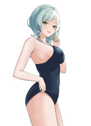 Rule 34 | 1girl, absurdres, adjusting clothes, adjusting swimsuit, aqua hair, bang dream!, bare arms, bare shoulders, blue one-piece swimsuit, blush, bow, braid, breasts, collarbone, commentary request, cowboy shot, from side, green eyes, hair between eyes, hair bow, hand up, highres, hikawa hina, holding, holding hair, looking at viewer, looking to the side, medium breasts, medium hair, one-piece swimsuit, parted lips, ptal, school swimsuit, side braids, sideboob, smile, solo, standing, strap gap, swept bangs, swimsuit, twin braids, yellow bow