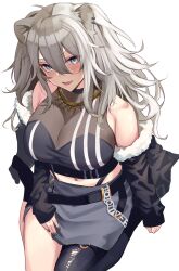 Rule 34 | 1girl, ahoge, animal ears, bare shoulders, black jacket, black nails, black pantyhose, black shirt, blush, breasts, cleavage, commentary request, curvy, double-parted bangs, ear piercing, fang, from above, fur-trimmed jacket, fur trim, grey eyes, grey hair, grey skirt, hair between eyes, highres, hololive, jacket, jewelry, lap pillow invitation, large breasts, lion ears, long hair, looking at viewer, messy hair, miniskirt, nail polish, namazu (yamasonson), navel, necklace, o-ring, o-ring thigh strap, open mouth, pantyhose, parted hair, piercing, see-through, see-through cleavage, seiza, shirt, shishiro botan, shishiro botan (1st costume), side slit, sidelocks, simple background, single leg pantyhose, sitting, skin tight, skirt, sleeveless, sleeveless shirt, solo, thigh strap, torn clothes, torn pantyhose, two side up, virtual youtuber, white background, zipper skirt