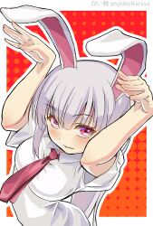 Rule 34 | 1girl, animal ears, blush, breasts, from above, hands up, large breasts, long hair, looking at viewer, necktie, outline, parted lips, polka dot, rabbit ears, rabbit pose, red eyes, red necktie, reisen udongein inaba, shiroi karasu, smile, solo, teeth, touhou, upturned eyes, white outline