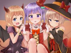Rule 34 | &gt;:), 3girls, :d, blue eyes, breasts, cleavage, commentary request, couch, demon girl, demon tail, demon wings, detached collar, fang, grey eyes, hair ornament, halloween, hat, holding hands, hoshikawa hotaru, light brown hair, long hair, looking at viewer, mini hat, multiple girls, new game!, open mouth, purple eyes, purple hair, racchi., sakura nene, short hair, silver hair, sitting, smile, suzukaze aoba, tail, twintails, v-shaped eyebrows, wings, witch hat