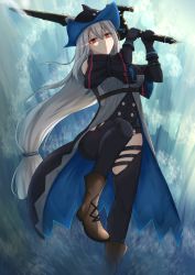 Rule 34 | 1girl, arknights, arm cuffs, belt, black cloak, black gloves, black hat, black pants, black shirt, boots, brown footwear, calvaires, cloak, clothing cutout, commentary, foot out of frame, gloves, glowing, glowing eye, hat, highres, leg up, long hair, looking at viewer, low-tied long hair, pants, parted lips, red eyes, shirt, silver hair, skadi (arknights), solo, standing, standing on one leg, sword, symbol-only commentary, thigh cutout, thigh strap, very long hair, weapon
