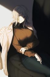 Rule 34 | 1girl, ap5ry, black sweater, blue eyes, breasts, couch, faust (project moon), from above, hair between eyes, highres, huge breasts, light, long sleeves, looking at viewer, original, pants, parted lips, ribbed sweater, shadow, sitting, solo, sweater, turtleneck, turtleneck sweater