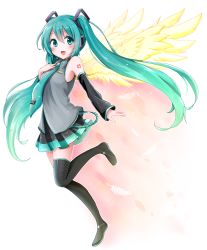 Rule 34 | 1girl, aqua eyes, aqua hair, bad id, bad pixiv id, blush, boots, detached sleeves, feathers, hand on own chest, hatsune miku, headphones, highres, long hair, necktie, open mouth, skirt, snowmi, solo, thigh boots, thighhighs, twintails, very long hair, vocaloid, wings